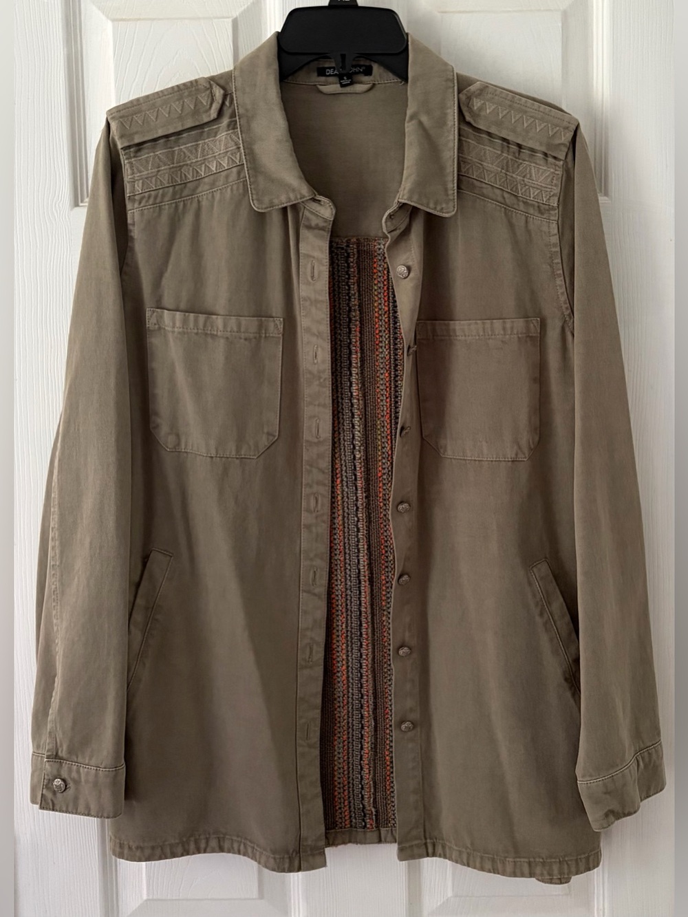 Dear John olive military-style jacket with embroidered back